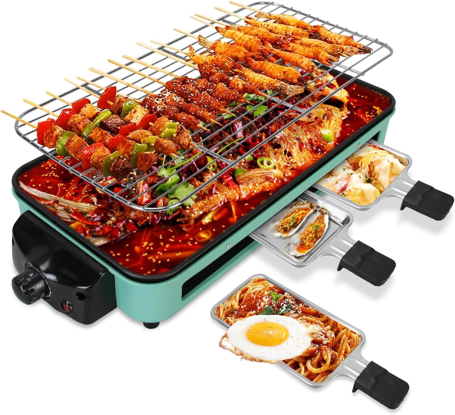 1500W Electric Indoor Grill, 2 in 1 Korean BBQ Grill for Kitchen, with Grill Net Removable Plate 3 Small Trays, 5 Temperature Control, Dishwasher Safe