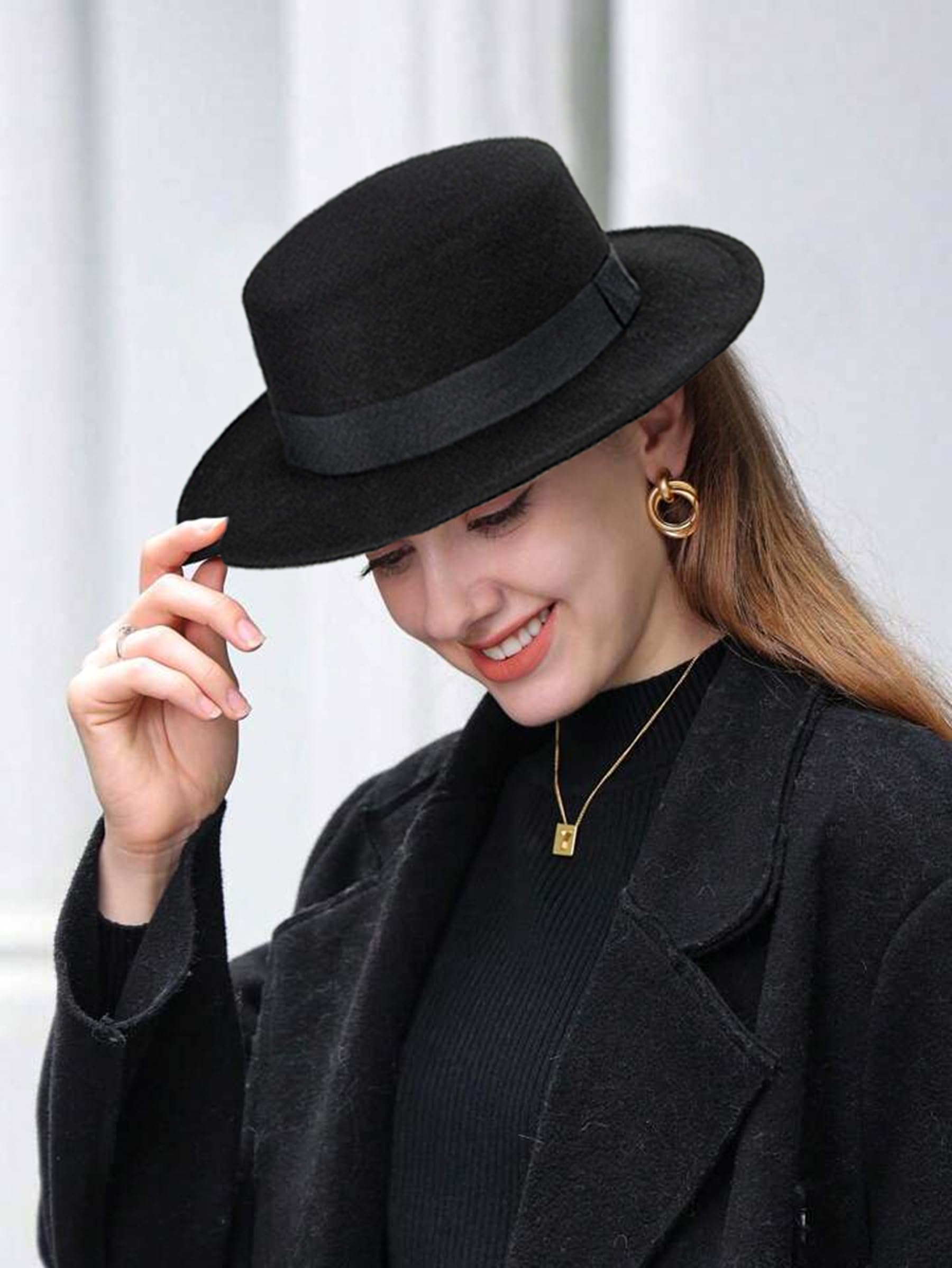 Chapeau Fedora à bord court pour homme et femme - Chapeau plat en feutre de laine - Tailles : S-M