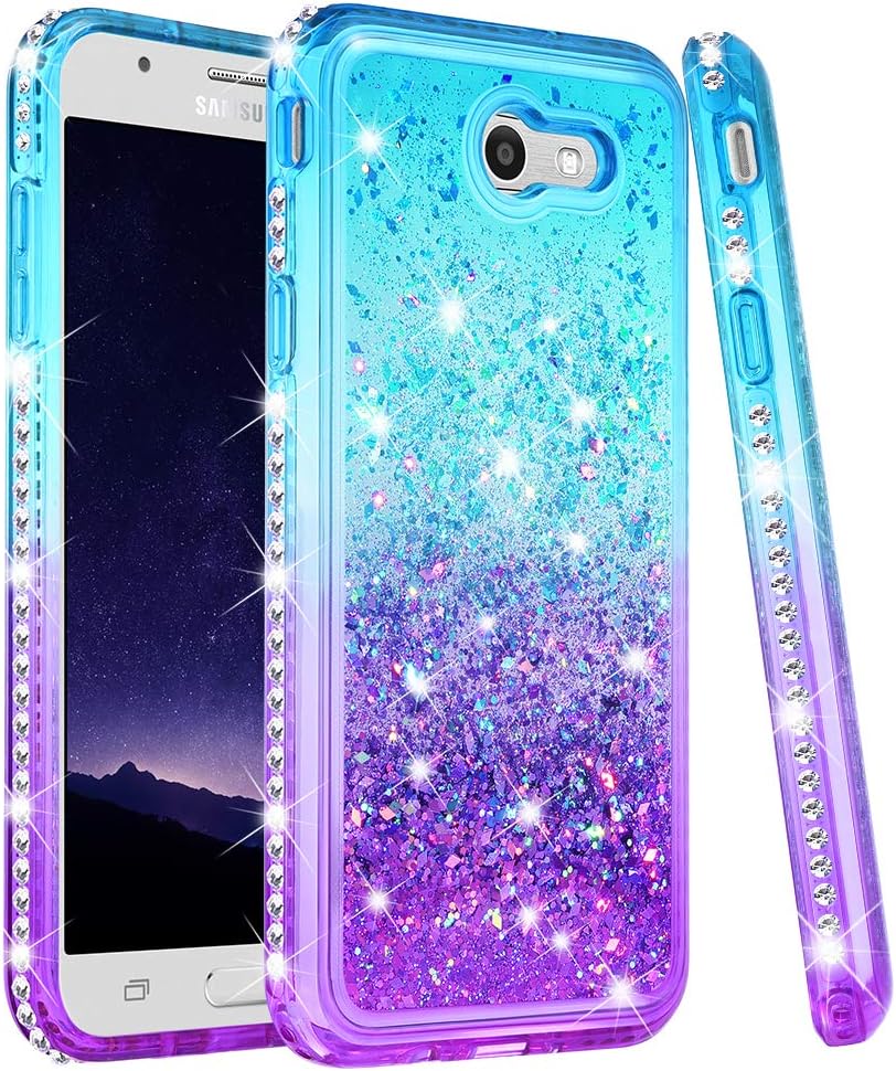 Samsung Galaxy J7 2017 Case, Galaxy J7 Prime J7 V J7 Perx J7 Sky Pro Halo Case, Ruky Gradient Quicksand Series Glitter Flowing Liquid Floating Bling Diamond Cute Case for Girls Women (Teal Purple)