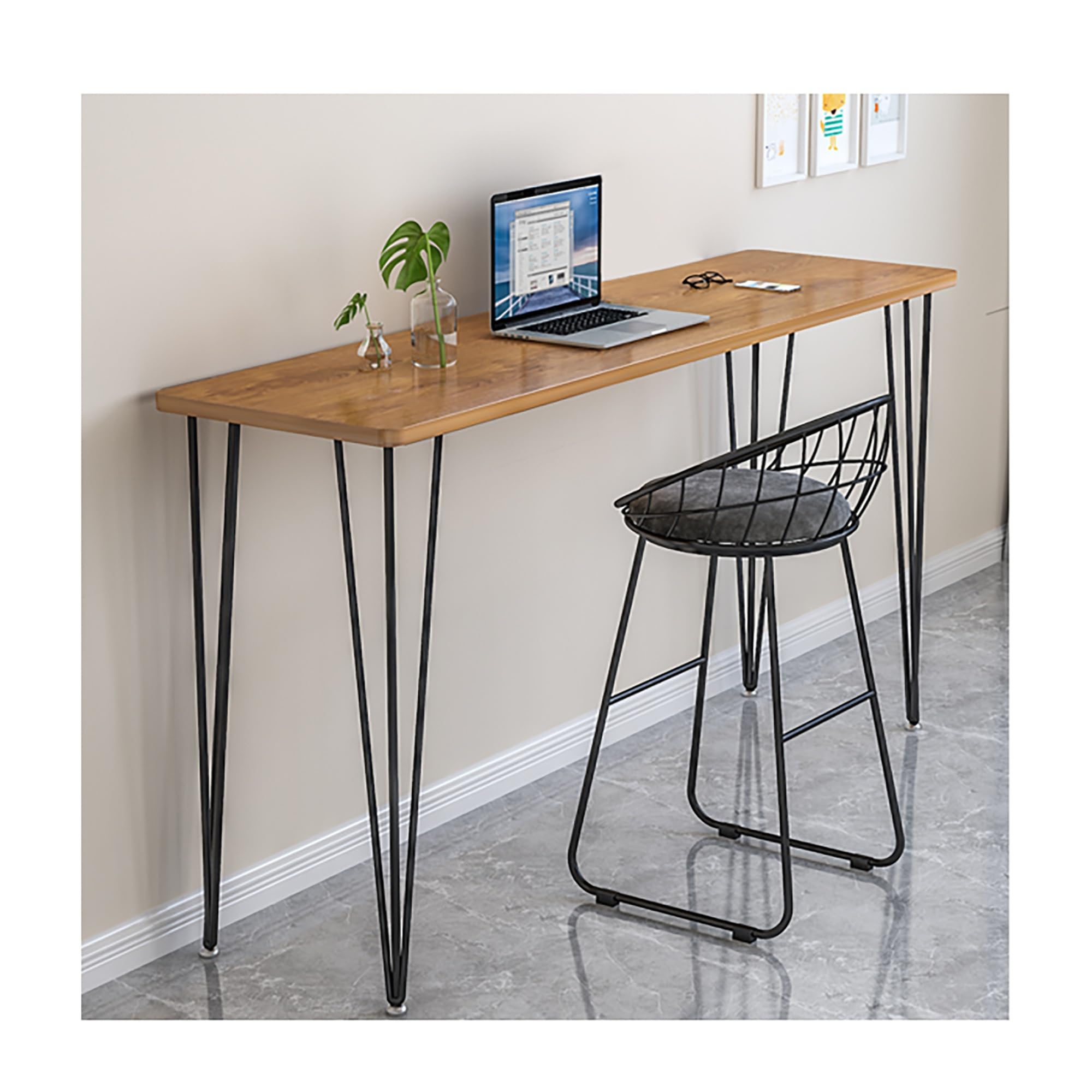 Table de bar étroite en bois massif et métal hauteur comptoir 100 cm