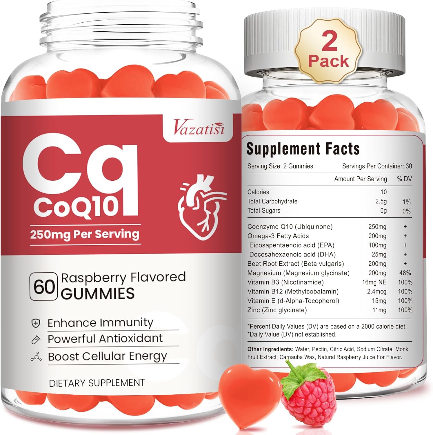 2 Pack CoQ10 Gummies 250 mg, Plus Omega-3, Magnesium, Vitamin B12 for Cellular Energy, Brain & Antioxidant, 5X Better Absorption Coenzyme Q10 Supplement, Raspberry Flavored Gummies - 120 Cts