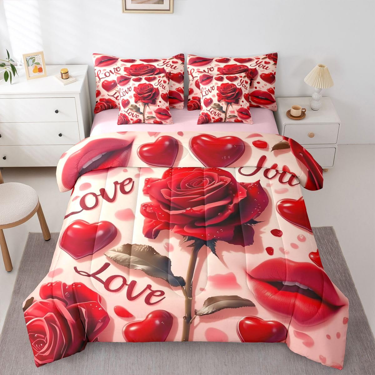 Castle Fairy Happy Valentine's Day Reversible 7 Pieces Comforter Set,3D Rose Hearts Bed Sheet Set for Kids Teens Boys,Woman Lip Print Bedding Set with Comforter,Fitted &amp; Flat Sheet,Twin