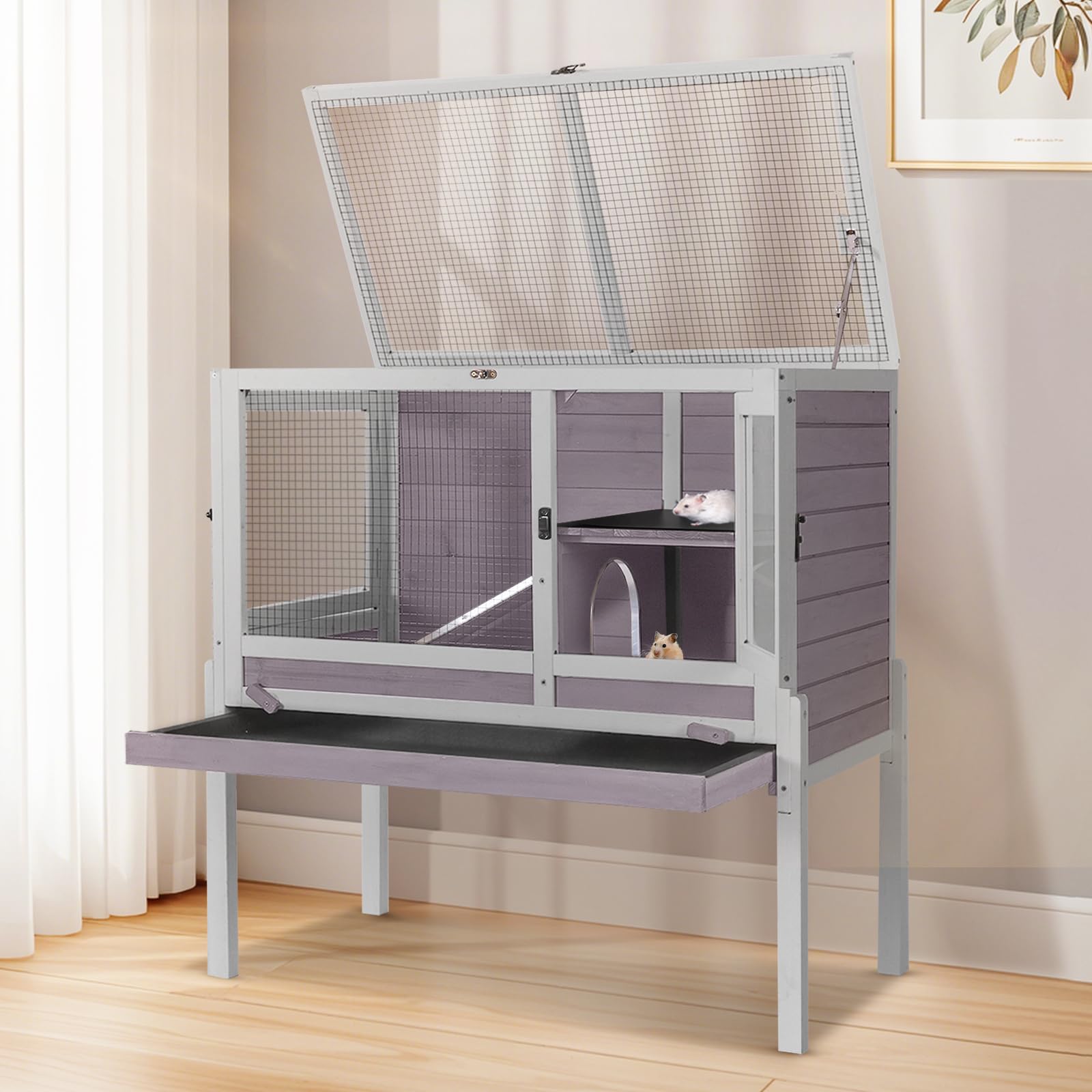 Aivituvin Wooden Guinea Pig Cage Indoor with Removable Stand, Anti-Chewing Rabbit Hutch with Ramp and Wire Mesh, 2 Story Small Animals House Habitat with Pull Out Tray (Grey, L)