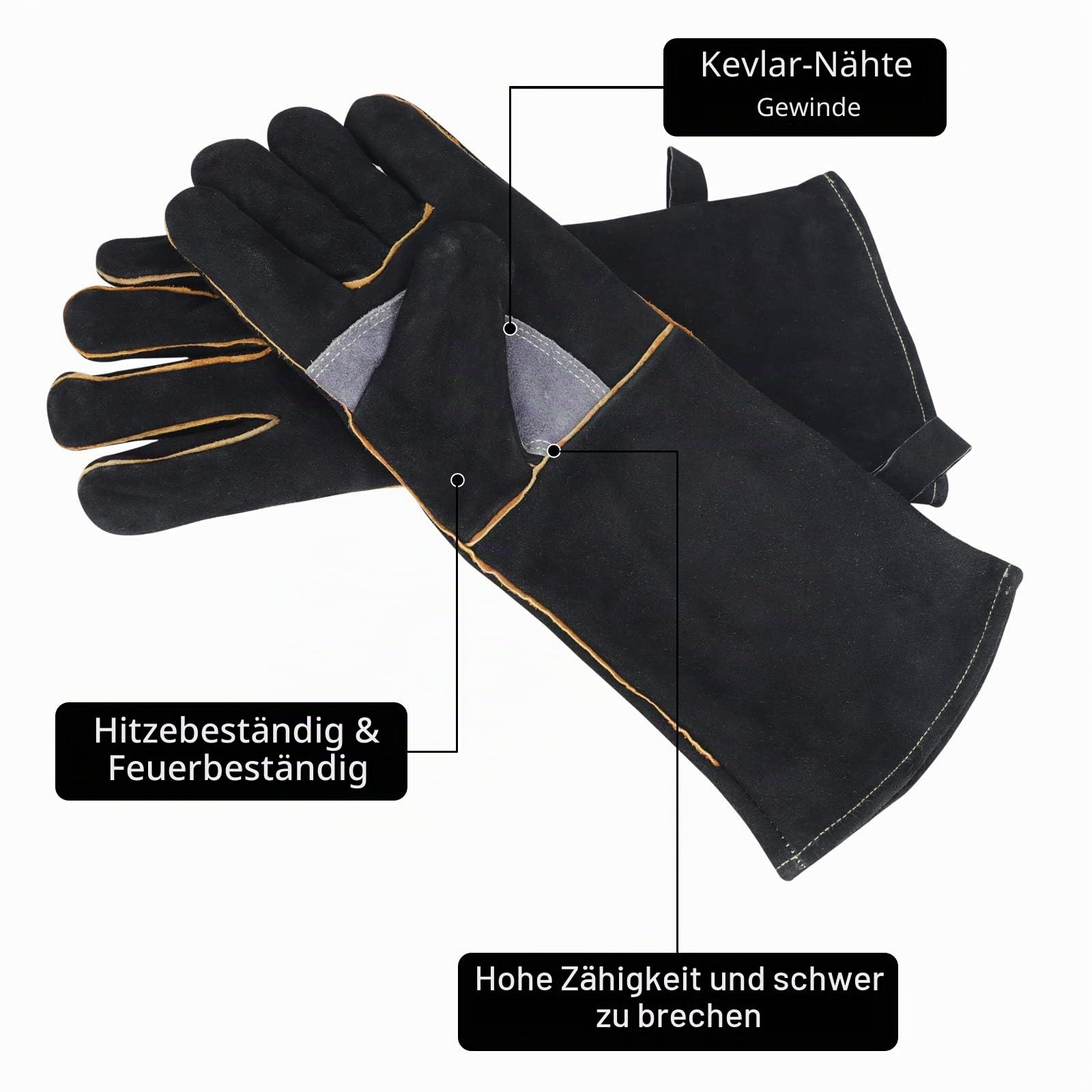 Extrem hitze- und feuerbeständige Handschuhe aus Leder mit Kevlar-Nähten, perfekt für Kamin, Herd, Ofen, Grill, Schweißen, BBQ, MIG, Topflappen, Tierhandhabung, schwarz-grau
