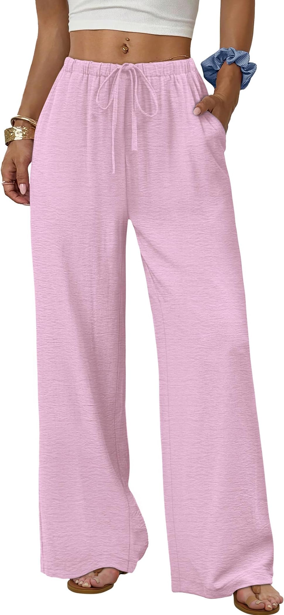 Sampeel Wide Leg Pants for Women Flowy Palazzo Drawstring Elastic Waist Trousers with Pockets Summer Beach Vacation Clothes