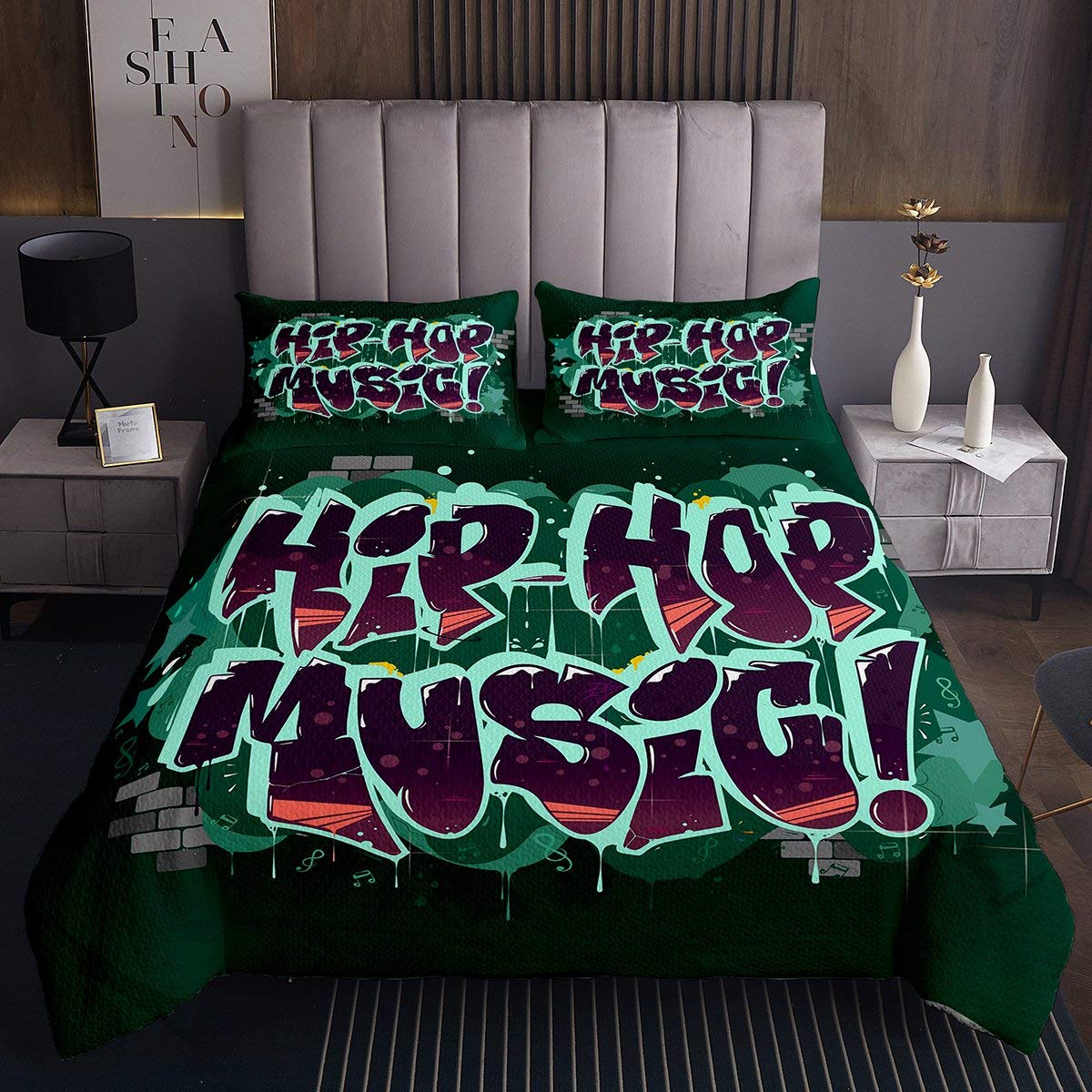 Copriletto classico con musica Hip Hop Decor per bambini ragazzi ragazze musica alfabeto trapunta set musicale cultura di strada tema letto decorazione camera 3 pezzi260x240cm