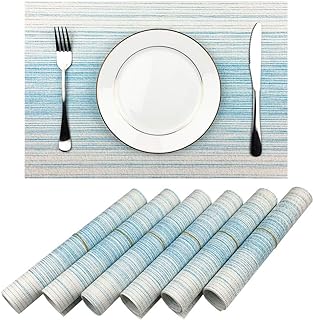 WAZAIGUR Placemats Set of 6, Woven Vinyl Table Placemats, Blue with White