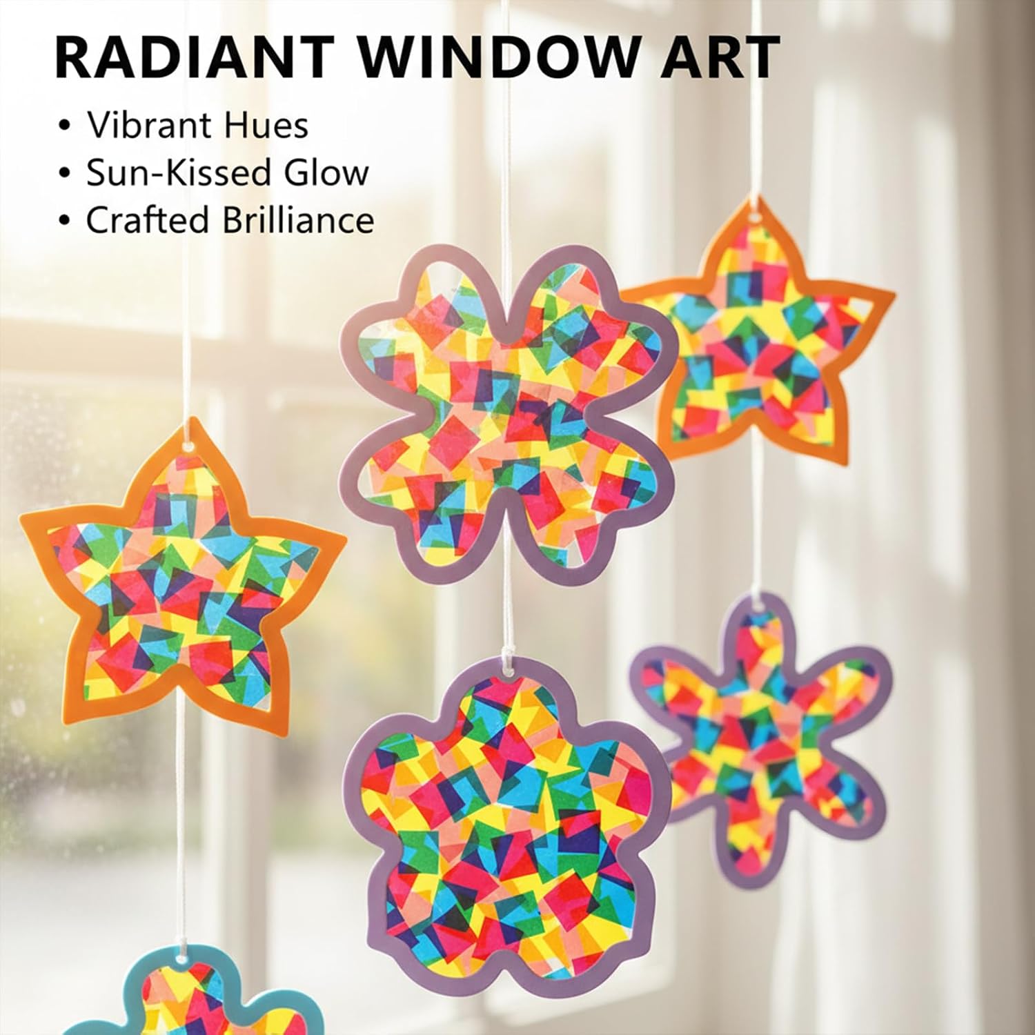 DIY Flower Window Craft Kit, Colorful Plastic Paper Cutting Decoration Set with 16 Floral Templates, 8 Paper Sheets, Transparent Stickers, Sticky Dots and Ribbon