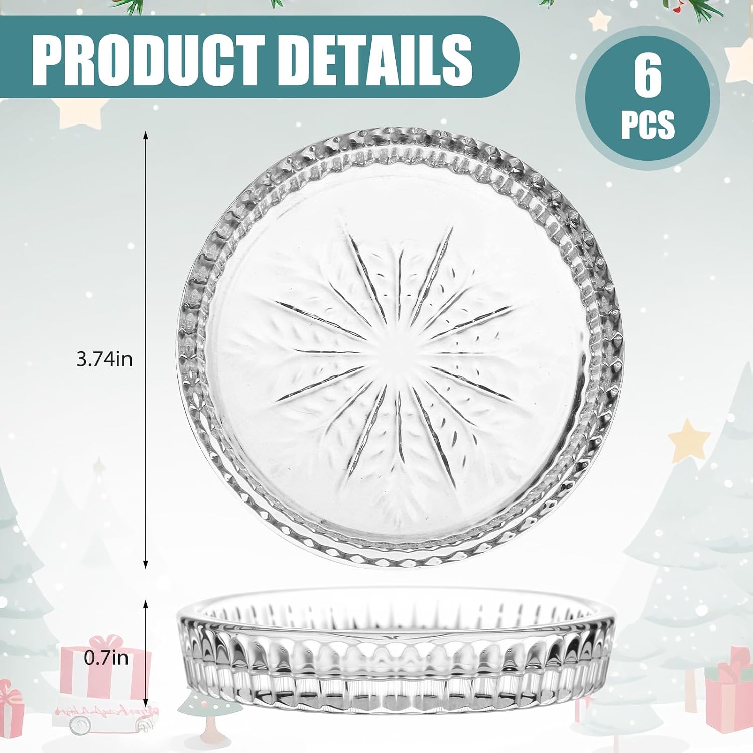 6 Pcs Round Glass Candle Holder, 3.74 Inch Clear Winter Snowflake Candle Plate Crystal Votive Candles Coasters for Christmas Winter Weddings Party Holiday Birthday Home Table Decor