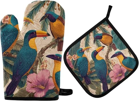 Tropical Birds Leaves and Flowers Oven Mitts and Pot Holders 2 pcs Set,Heat Resistant Non-Slip Cooking Kitchen Gloves Hot Pads for Cooking Baking Grilling