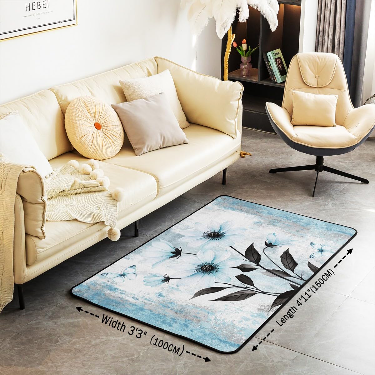 Homewish Dywan akwarelowy z kwiatami 100 x 150 cm, abstrakcyjny obraz olejny, stokrotka, dywan rustykalny, do wnętrz, mata podłogowa, ombre, niebieski, szary, biały, dekoracyjny, zmywalny dywan