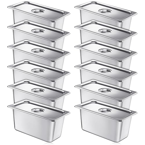 Mifoci 12 Pack Stainless Steam Hotel Pan with Lid, 1/3 Size x 6 Inch Deep Restaurant Supplies Reusable Anti Rust Steam Water Pan for Home, Party, Restaurant, Hotel, Buffet