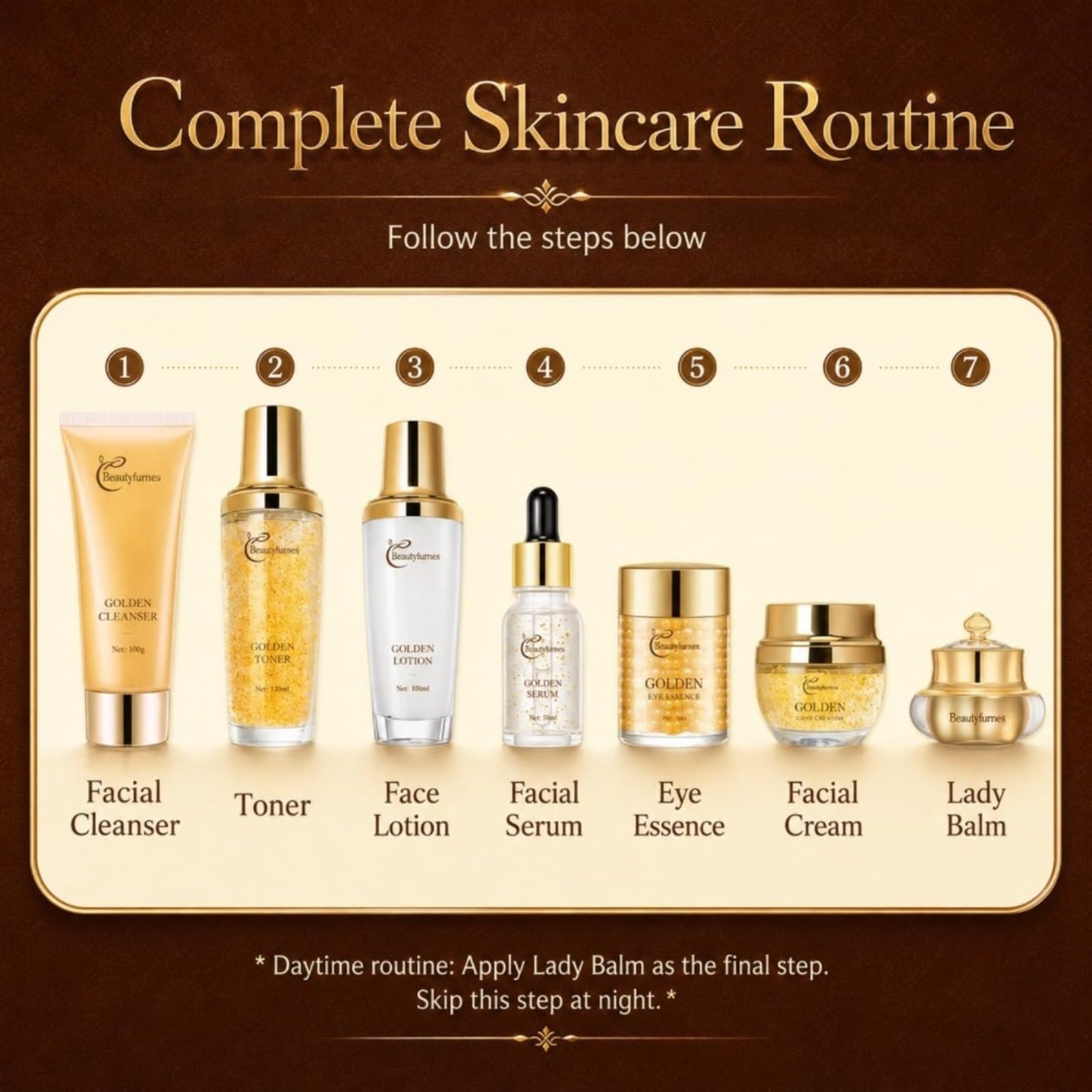 Golden Facial Skin Care Set with Cleanser, Toner, Lotion, Face Cream, Day Cream, Eye Cream & Serums, Hydrating Daily Skin Care Kit with Sodium Hyaluronate & Snail Mucin, Gift Set for Women