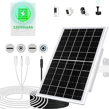 8W Solar Panel Built-in with 12000mAh Battery for Security Camera Outdoor, 4in1 Plug Charger Panel for Ring/Eufy/Wyze Battery cam, Support Emergency Power for Camping Hiking Lights, Phones, Tablet PC
