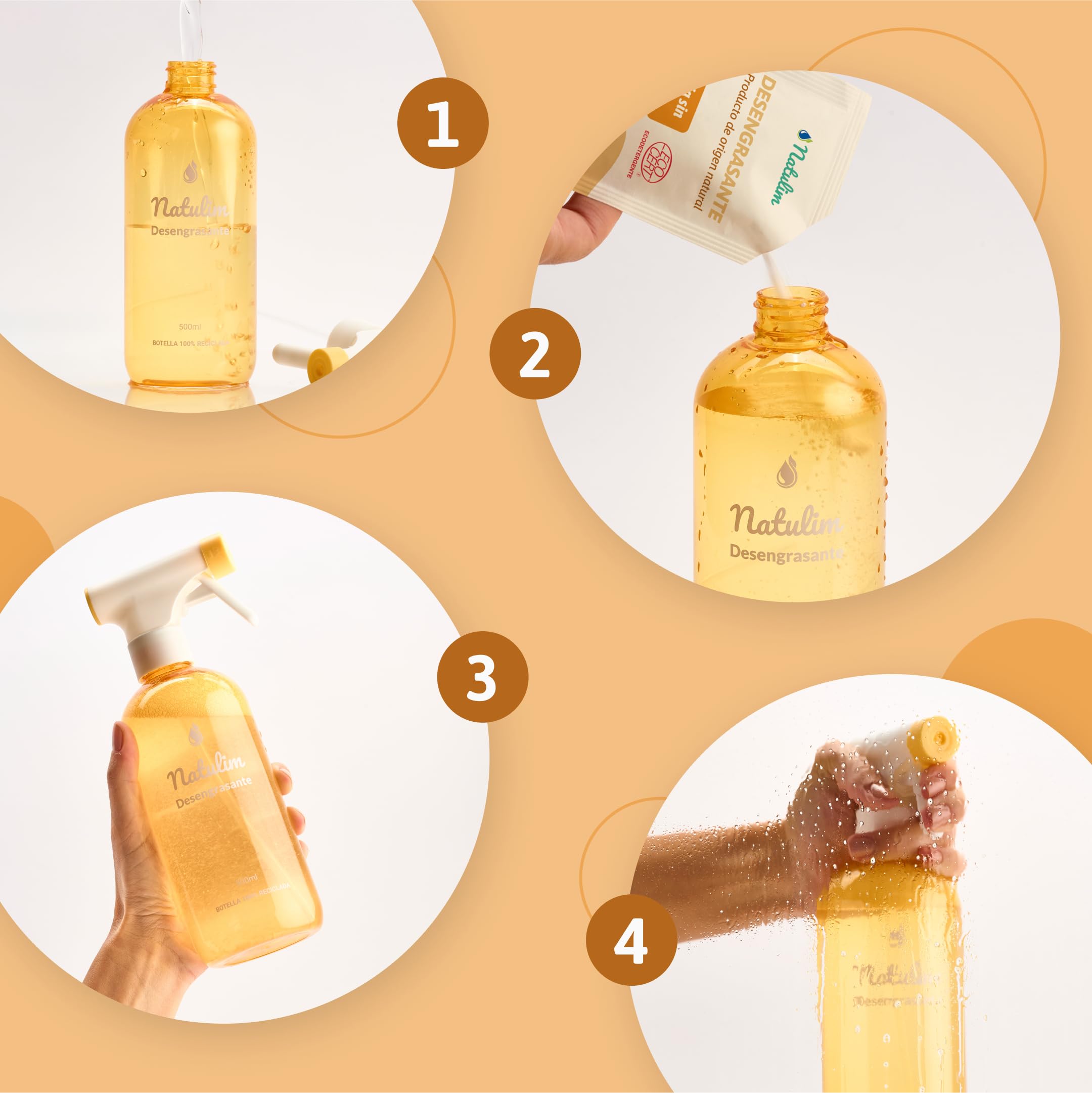 Natulim Confezione da 4 essenziali per la pulizia della casa, detergente per vetri, anticalcare, multisuperfici e sgrassante, set spray ricaricabile da 500 ml + 8 bustine, formula efficace e naturale