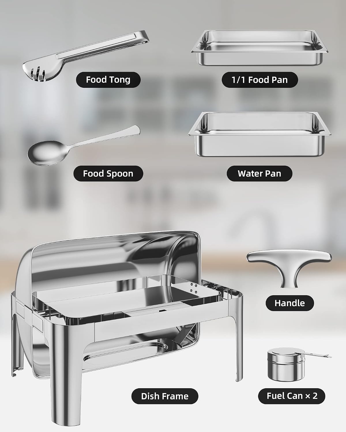GAOMON 9QT Roll Top Chafing Dish Buffet Complete Set,Stainless Steel Chafer with Full Size Pan, Rectangle Catering Warmer Server for Parties Catering