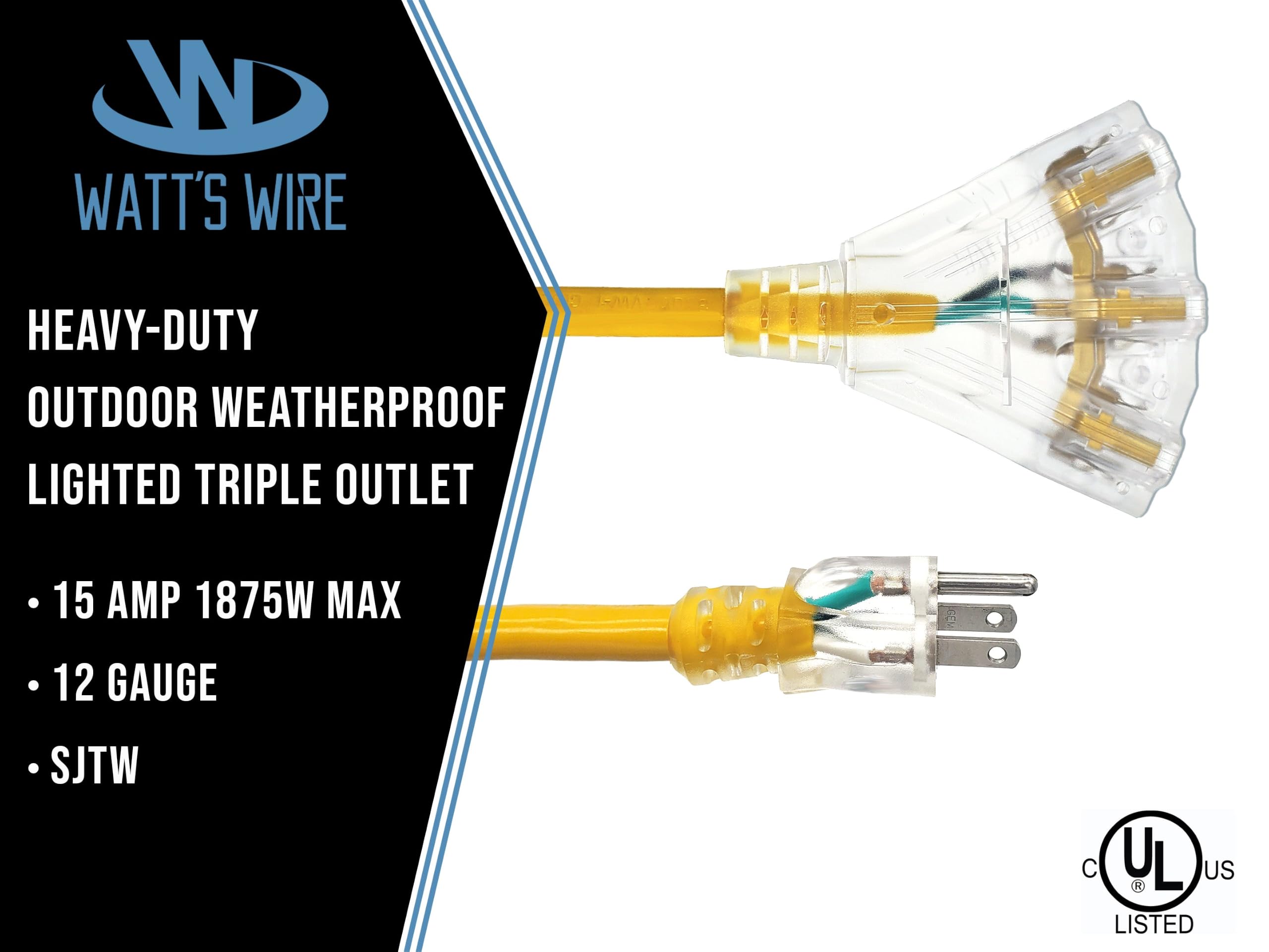 Watt's Wire Heavy Duty Outdoor Verlängerungskabel | Netzkabel Multi-Stecker mit beleuchteter Steckdose | SJTW Indoor / Outdoor Gelb | 4,5 m 12 AWG 15 Amp Verlängerungskabel – 4,6 m
