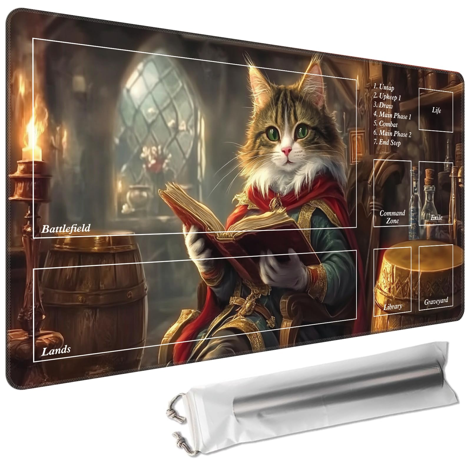 Cdkfxjy MTG Playmat with Magic Zone 24 x 14in Includes Storage Bag,TCG Playmat with Soft Surface Premium Non-Slip Rubber Backing Stitched Edges Durable Gaming Mat,Wizard Cat Reading Book
