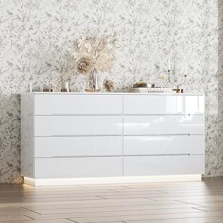 White Drawer Dresser with LED Light, Modern High Gloss Dresser with 8 Drawers, 63" Long Dressers Double Storage Chest of Drawer for Bedroom, Living Room, Entryway