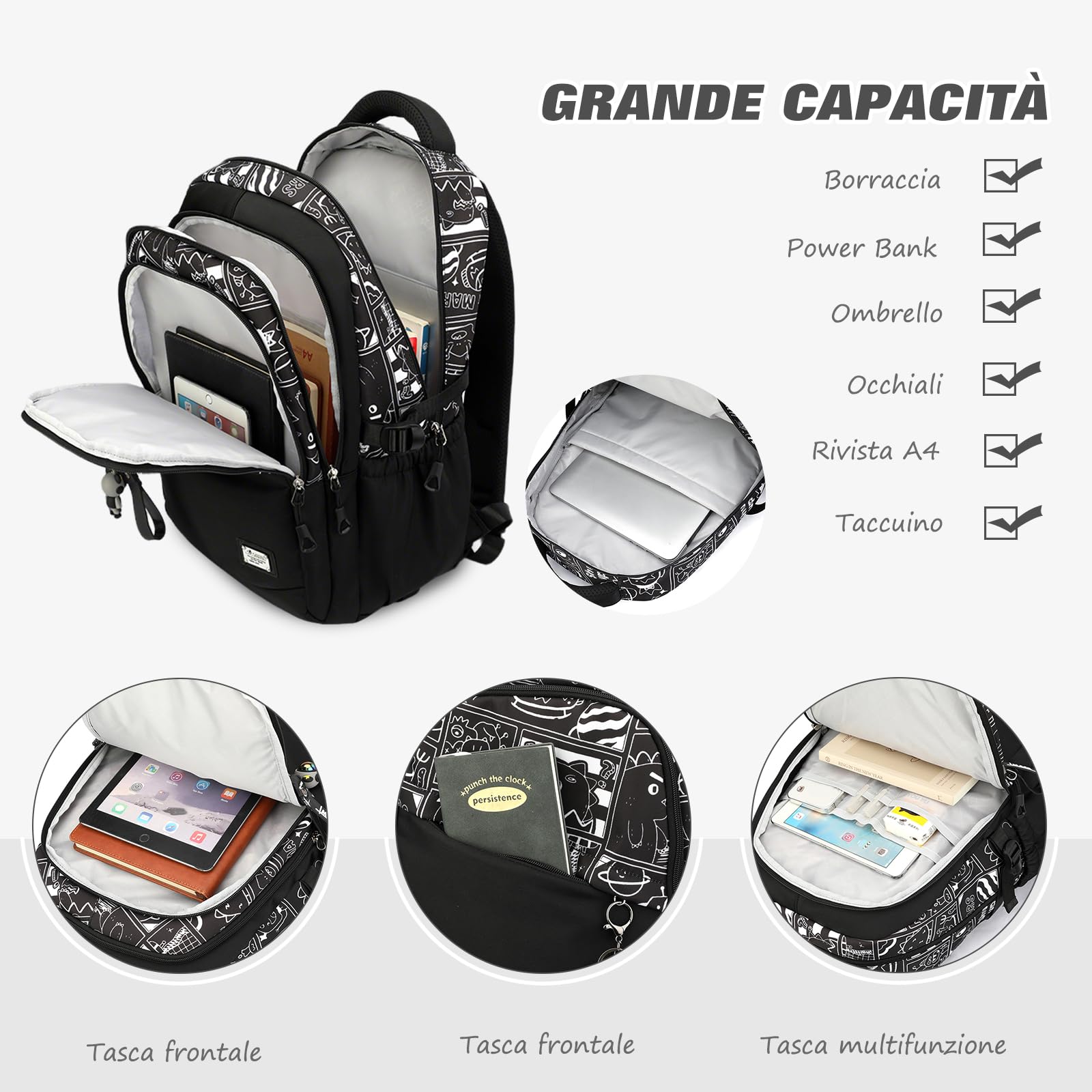 FANDARE 2-in-1 Zaino Trolley Scuola Sganciabile Nero Cartelle Zaini Elementare e Media da 35 Litri con 6 Ruote Doppio Uso Zaino con Carrello Fisso Zaini da Viaggio per Ragazza Ragazzo Adolescente