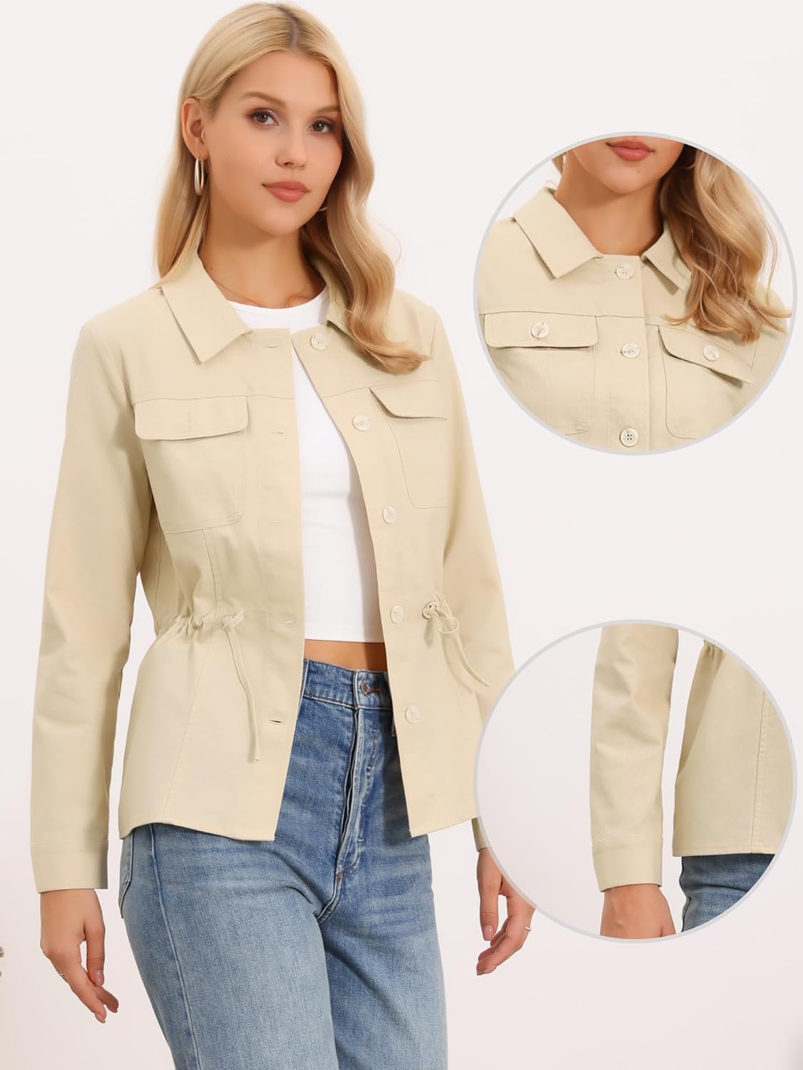 Allegra K Linen Jacket for Women Button Down Drawstring Waist Lightweight Spring Utility Anorak Jackets 2026 - Image 4