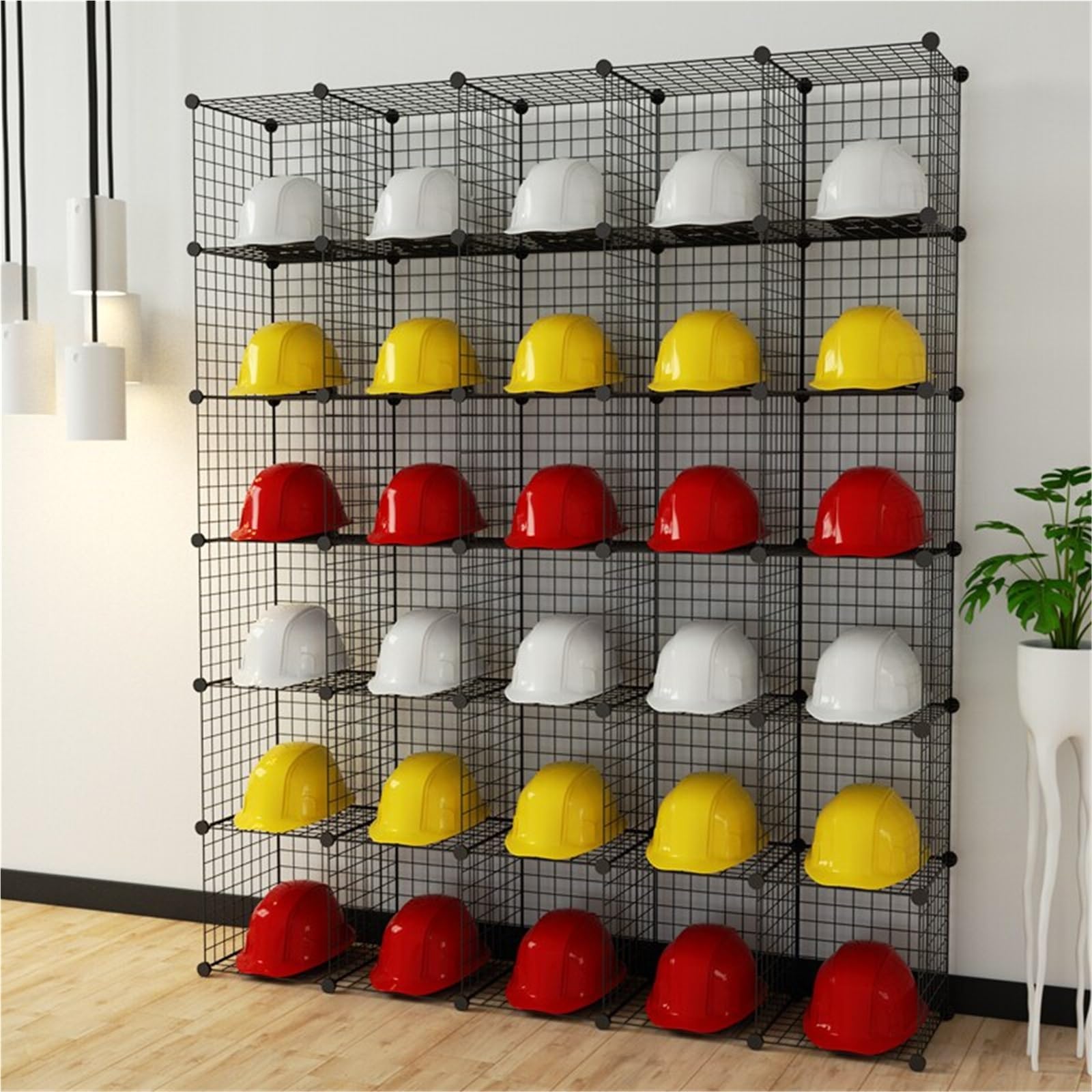 soporte casco moto Organizador de almacenamiento apilable con rejilla de alambre de hierro, 30 cubos grandes, para casco, estante negro para casco de seguridad para fábrica y taller(6pc)