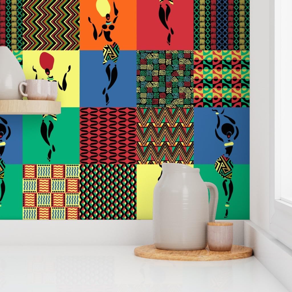Spoonflower Peel & Stick Wallpaper Swatch - African Art Women Africa Tribal Dance Ethnic Custom Removable Wallpaper