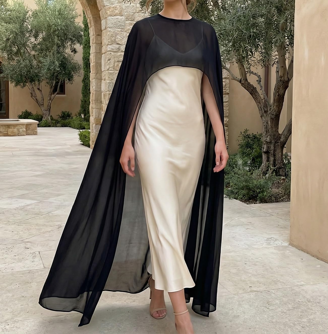 Faretumiya Women Chiffon Long Cape High Low Flowy Poncho Sheer Mesh Shawl and Wraps Capelets Bridal Wedding Evening
