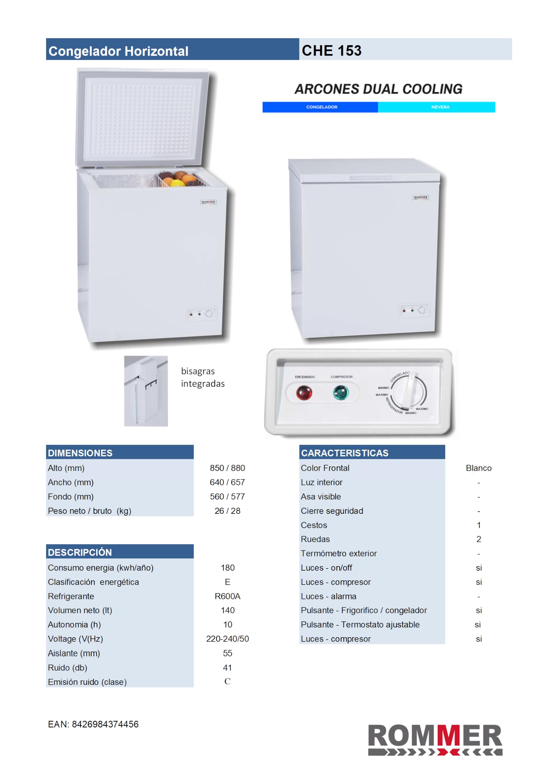 Congelador Horizontal Rommer CHE 153, Capacidad 140 Litros, Color Blanco