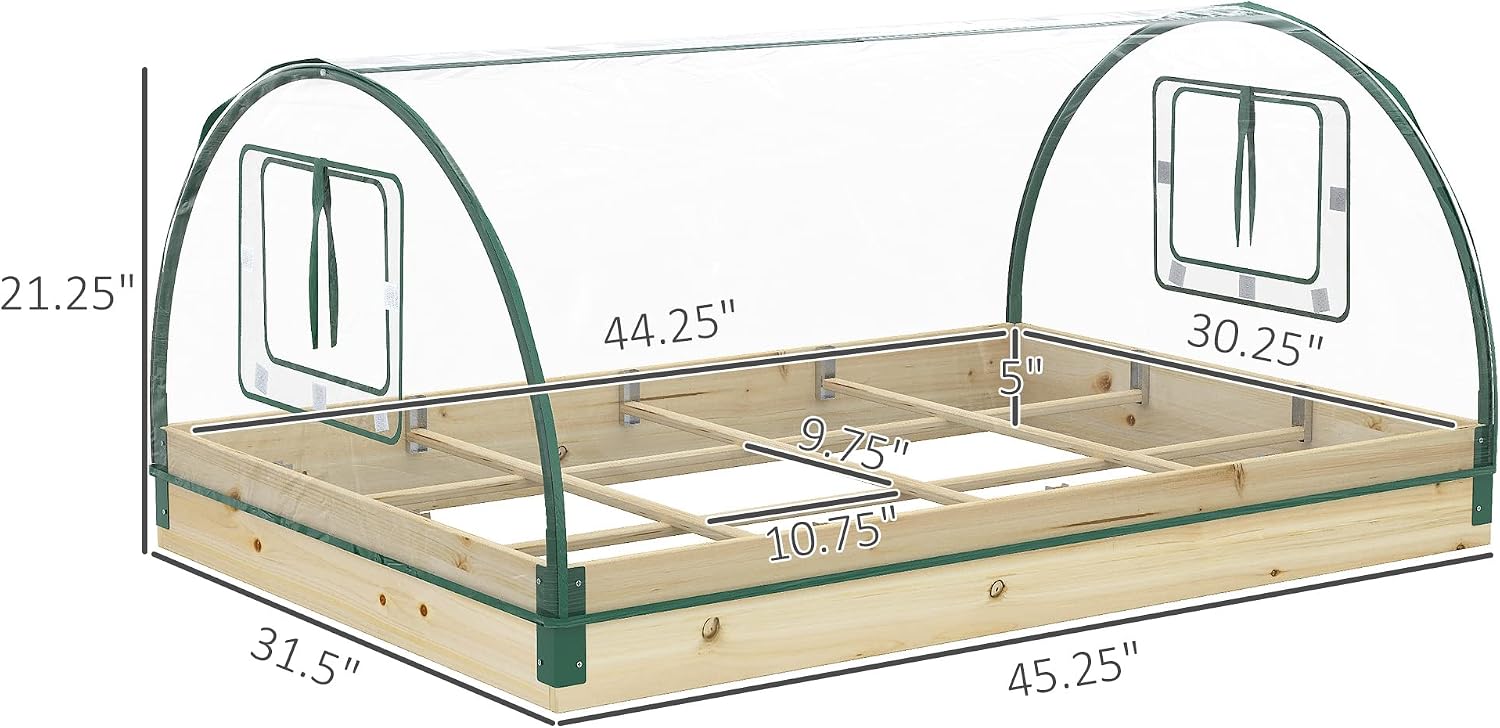 Outsunny 4' x 3' x 2' Raised Garden Bed with 12 Pockets, Wooden Planter Box with Greenhouse and Roll Up Windows for Vegetables, Flowers, Natural