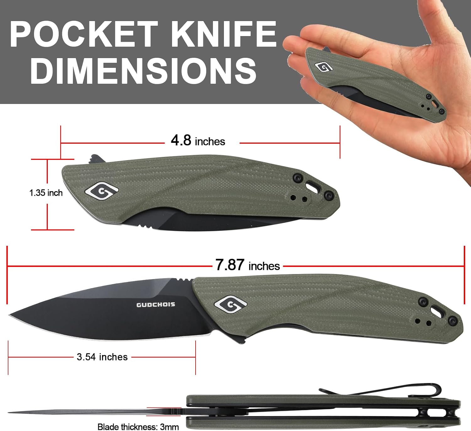 Folding Pocket Knife, 3.54" D2 Steel Blade, Durable G10 Handle with CNC Machined Grip, Pocket Clip for Camping/Hiking/Hunting EDC