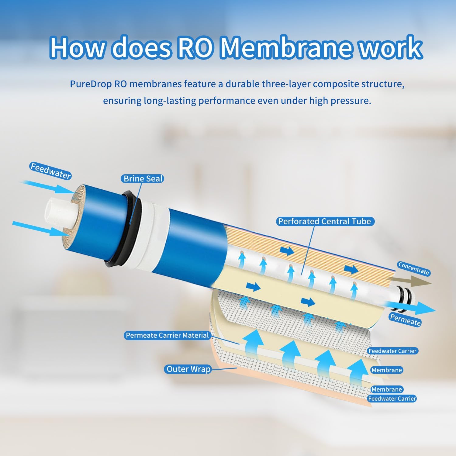 PureDrop PDR-ROM50 Reverse Osmosis RO Membrane Replacement 50 GPD, Fits Standard Under Sink RO Drinking Water Filter System
