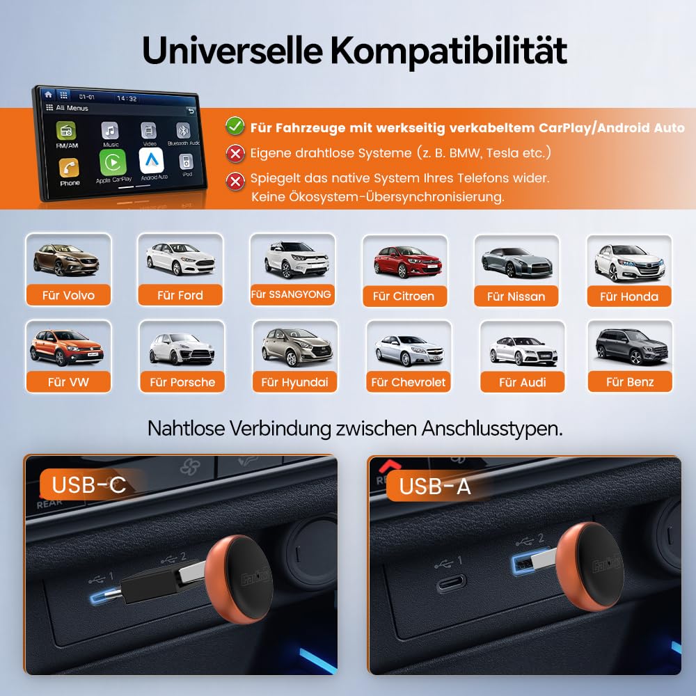 Carlinkit Mini Ultra 3 Wireless CarPlay Adapter, Wireless Android Auto Adapter, Wandelt OEM kabelgebunden zu kabellos um, USB-A/C Plug & Play, Auto-Connect, OTA Upgrade, Orange