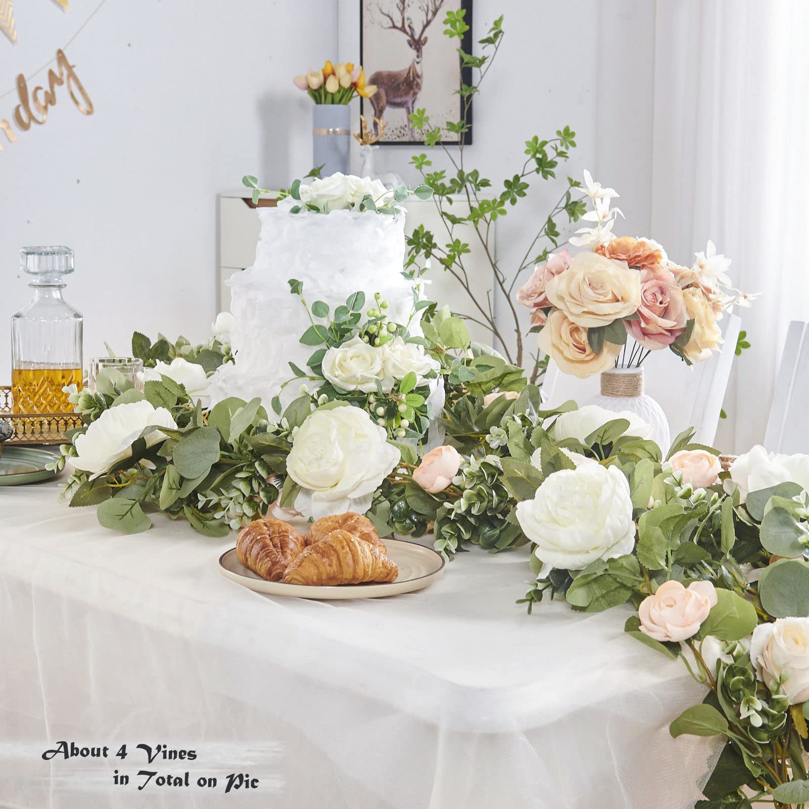 Guirnalda de Flores, Rosas Artificiales, Rosas Falsas Colgantes para decoración de Pared, Aniversario, Boda, cumpleaños, Navidad, 3 Unidades, Guirnalda Floral Blanca.
