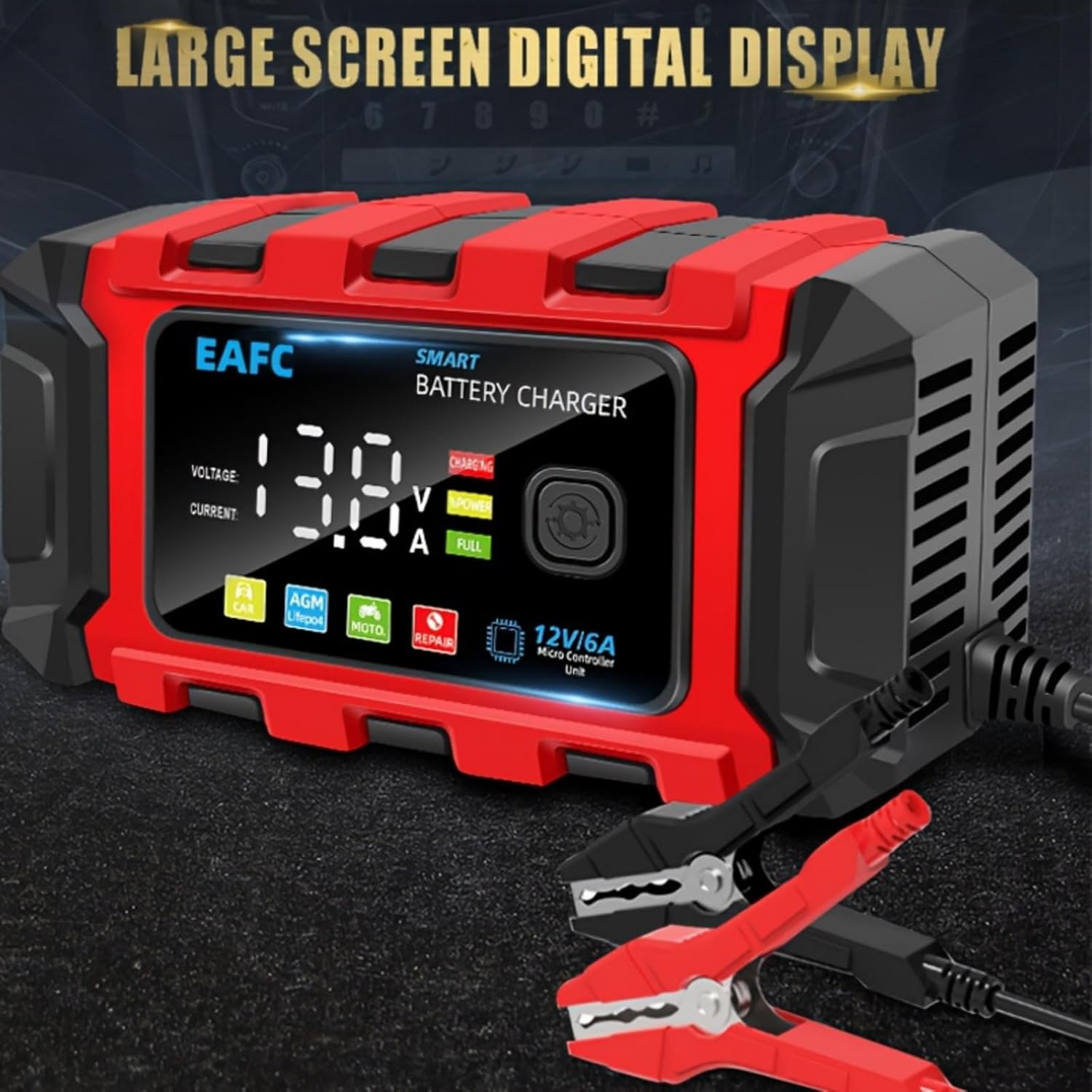 Close-up of the EAFC charger's large color screen displaying voltage and current