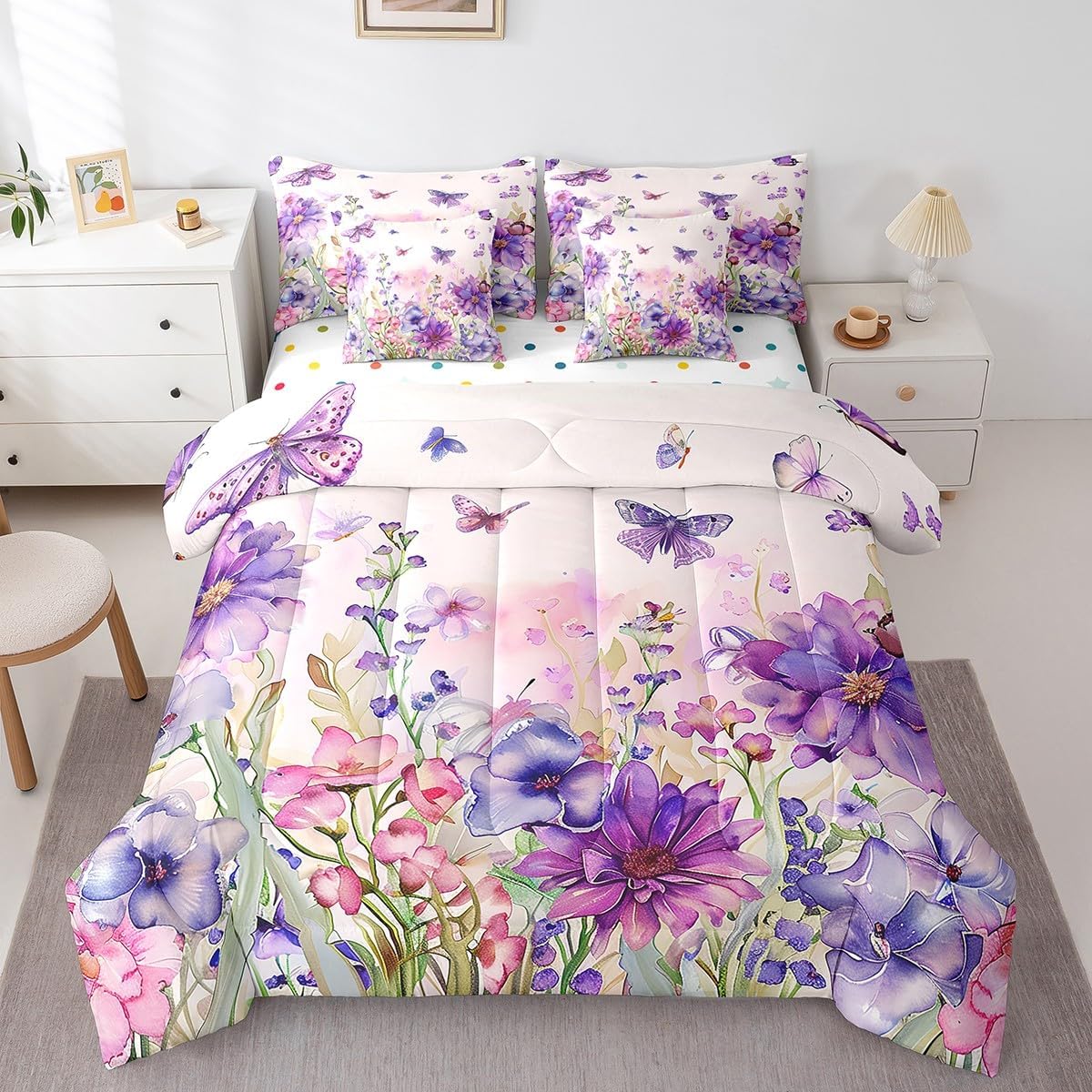 Erosebridal Hummingbird Bedding Sets Birds Floral Quilt with Flat Fitted Sheet 7 Piece Twin Spring Garden Botanical Flowers Bed in A Bag Wild Animals Natural Theme Comforter Set
