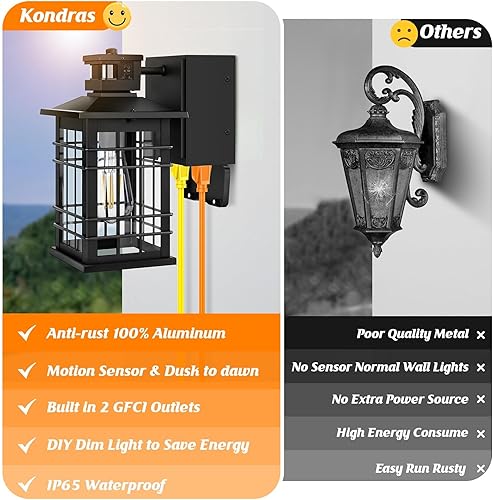 Miniatura 5 de Kondras Luz de porche con sensor de movimiento con salidas GFCI, luz de pared al aire libre del atardecer al amanecer, color negro, 3 modos de luz