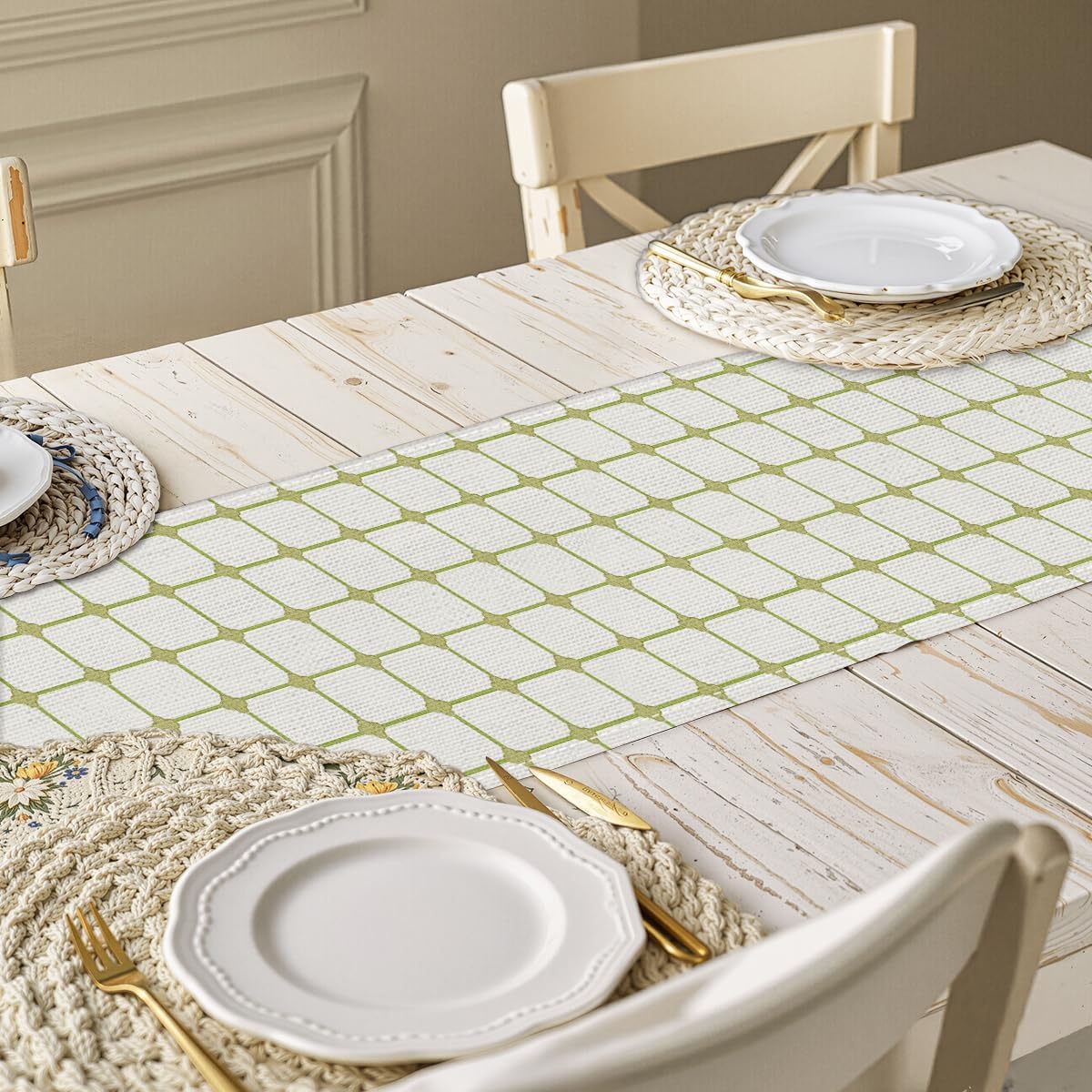 Sage Green Table Runner 13x72 Inch, Minimalist Plaid Check Linen Table Runner for Dining Room Living Room Kitchen, Boho Rustic Runners Holiday Party Decor for Home Indoor Outdoor Farmhouse - Image 2