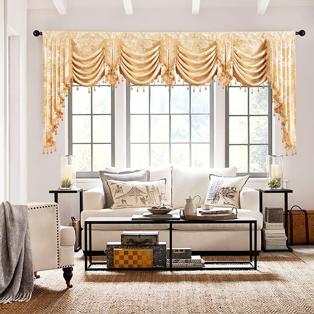 ELKCA European Style Golden Jacquard Swag Waterfall Valance
