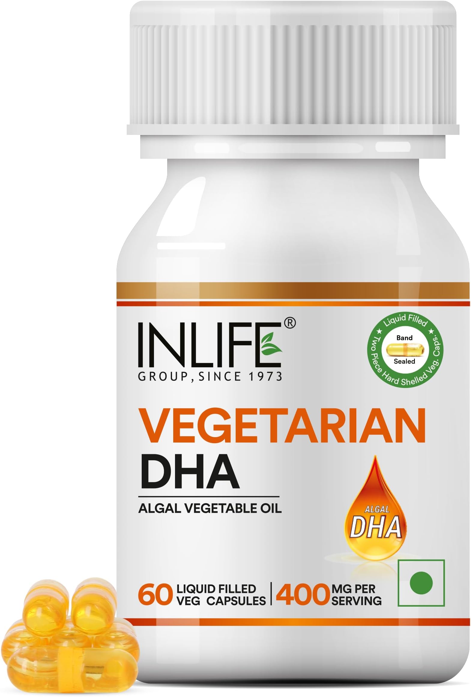 INLIFE Plant Based Omega 3 Supplement | DHA 400mg from Algal Oil |60 Liquid Filled Vegetarian Capsules (Pack of 1)