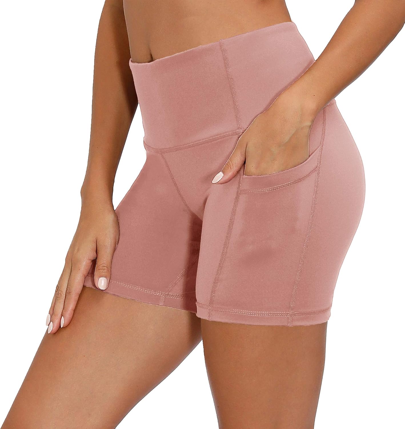 CQC Women's High Waist Yoga Shorts Compression Workout Running Bike Shorts Side Pockets Pink L