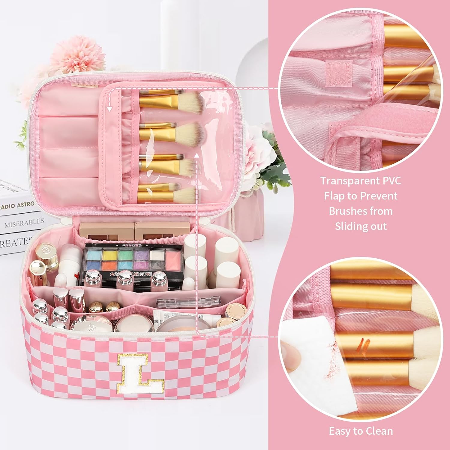OCHEAL Makeup Bag for Women, Monogram Cosmetic Bag Pink Travel Makeup Case Beauty Toiletry Bag Organizer Personalized Gifts for Girls Bridesmaid, Sister, Wife, Friends Initial L image 2