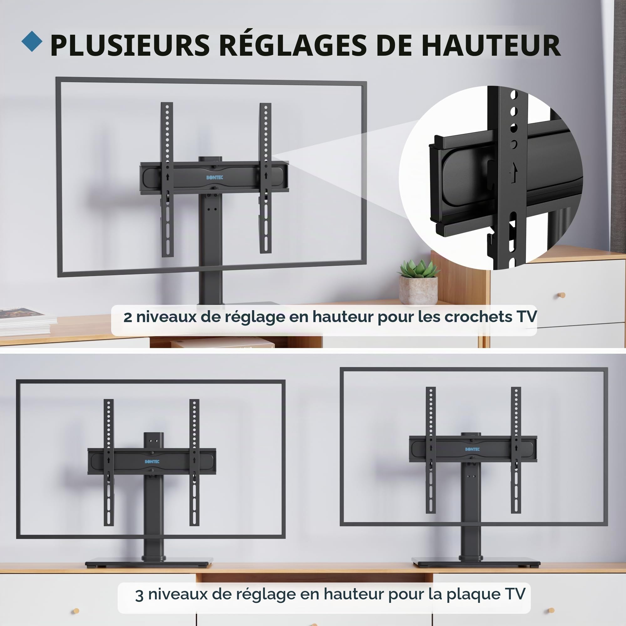 BONTEC Support TV sur Pied TV Universel Pivotant pour Télévisions de 24 à 60 Pouces LCD/LED/Plasma Hauteur Réglable avec Base en Verre Trempé de 8 mm - Charge Maximal 45kg Max VESA 400x400 mm