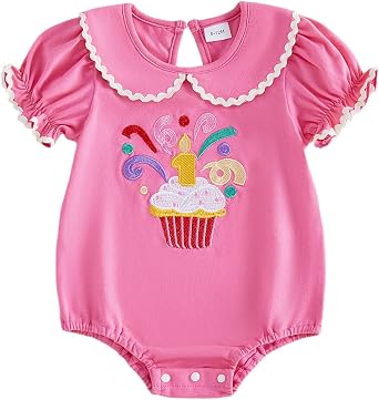 BULINGNA Baby Girl First Birthday Outfit One Cake Embroidery Bubble Sleeve Romper Jumpsuit Summer Cake Smash Clothes