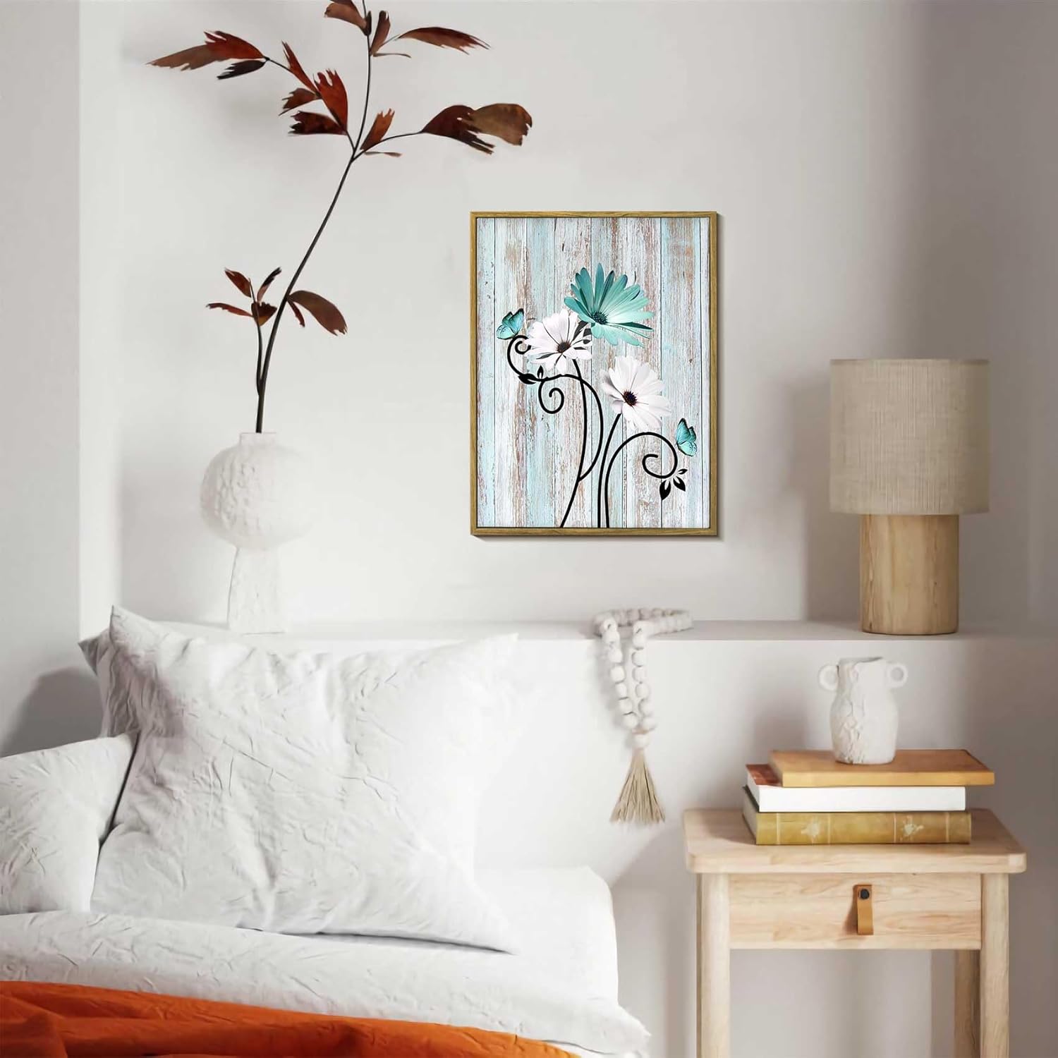 HVEST Teal Floral Framed Wall Art Rustic Farmhouse Daisy Flower and Butterfly Canvas Wall Art, Country Botanical Wall Art for Living Room Bathroom Bedroom Office, 17L x 12W Inches