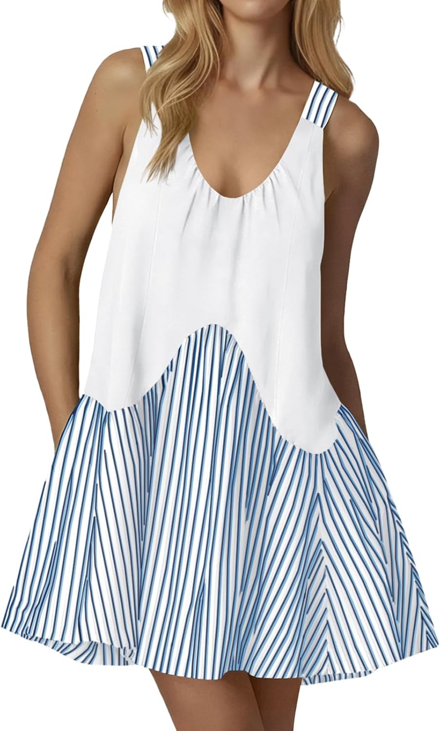 Fisoew Womens Sleeveless Tank Mini Dress Summer Casual V Neck Striped Patchwork A Line Workout Athletic Dress with Pockets White