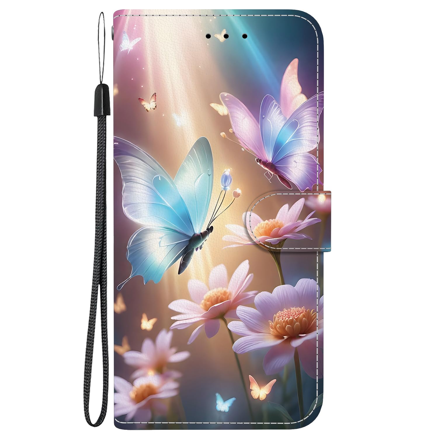 Phone Pocket for OnePlus 11 Case Side Flip Wallet PU Leather Magnetic with Card Slots Wrist Strap Girls Chic Personalised Protective for OnePlus 11 Glitter Butterfly Flower Pattern