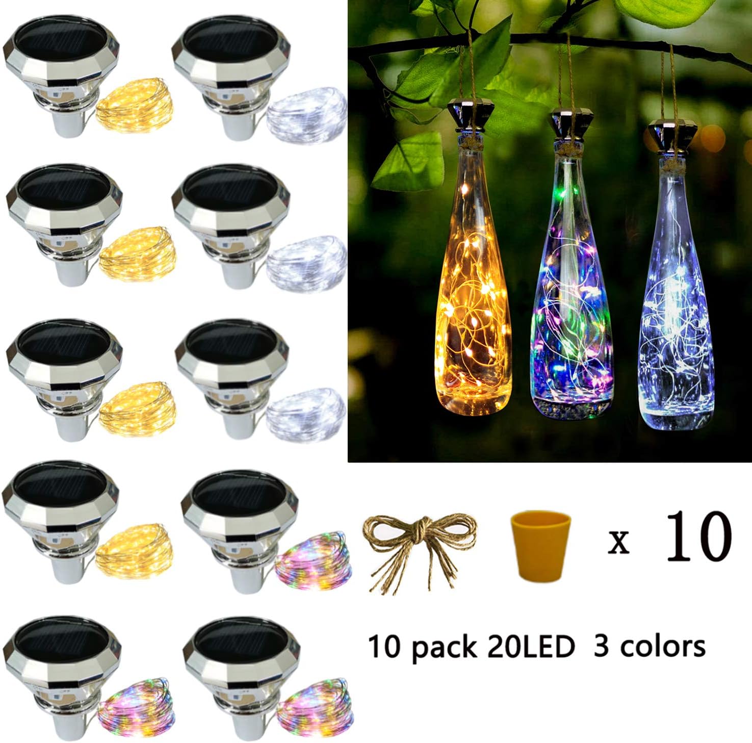 Solar Diamond Wine Bottle Lights 10 Pack 20LED Outdoor Waterproof Multicolor Fairy Light String (3 Colors), Suitable for Most Wine Bottle Mouths, for Garden, Terrace, Party Decoration