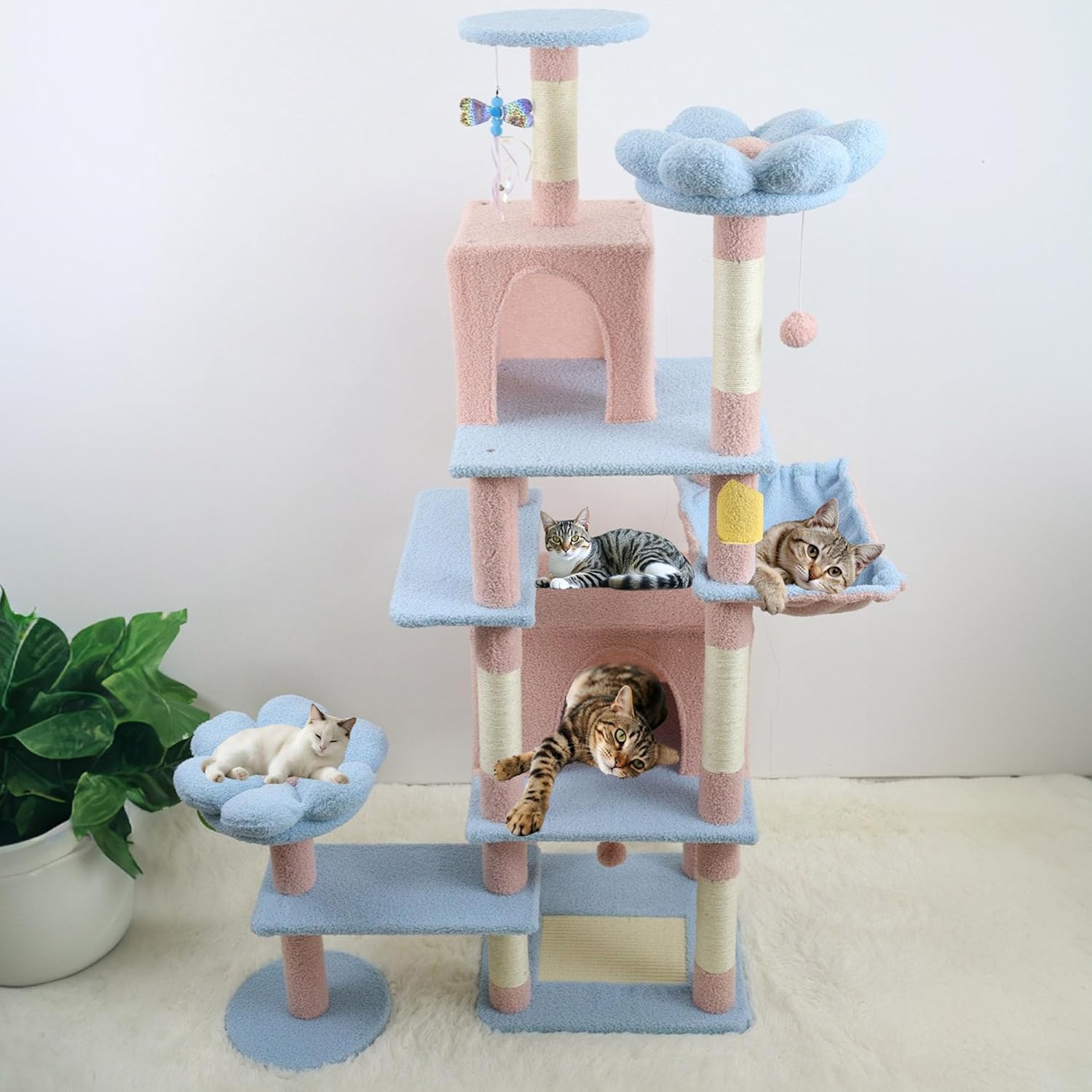 71 Inch Cute Cat Trees for Indoor Cats Large Adult, Tall Cat Tower & Cattree with Scratching Post, Modern Cat Condo with Sturdy Steel Tube/Removable Cushion/Hammock (Blue)