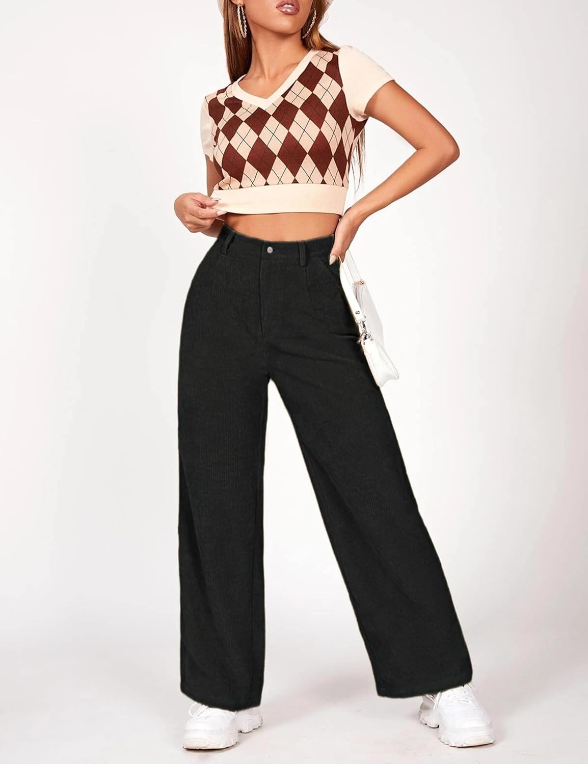 Himosyber Corduroy Pants for Women Wide Leg High Waist Loose Comfy Trousers with Pockets - Image 4